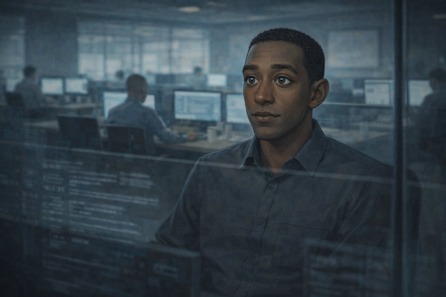 Elias Ward observing dashboards behind glass