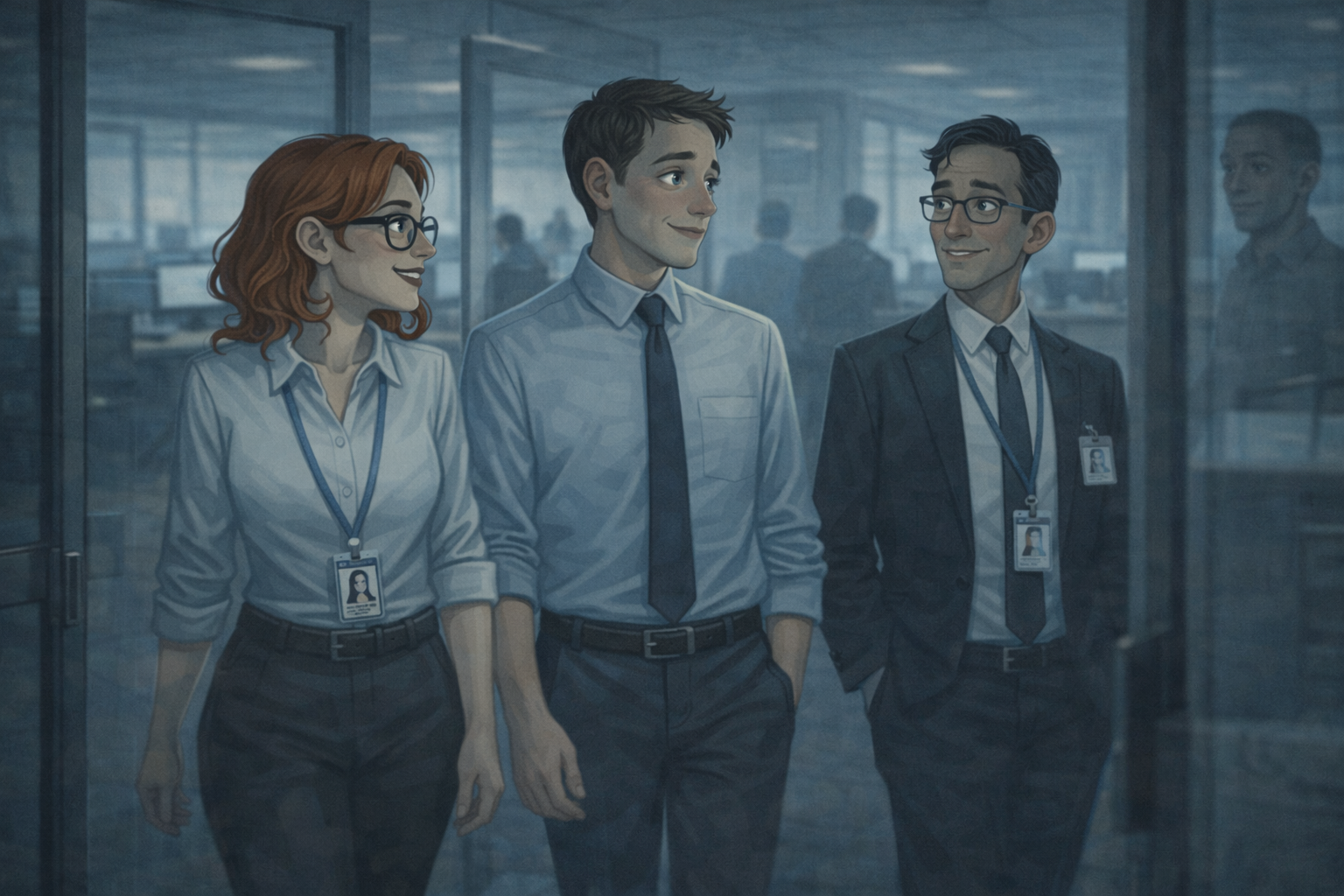 Coworkers moving freely through the office