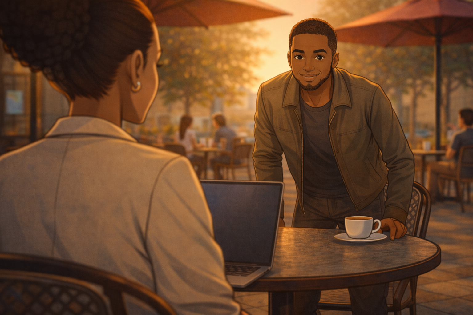 ShadowFox sits slowly, relaxed posture, coffee in hand