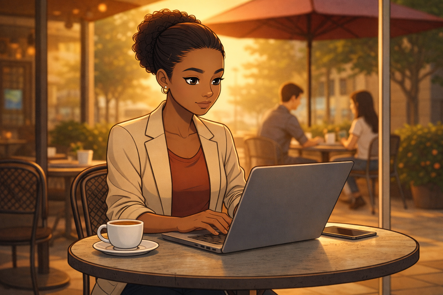 She’s seated **outside**, laptop open.